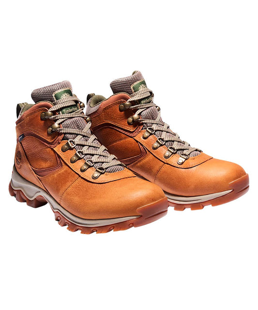 Right angled view of the men's light brown Timberland PRO waterproof mid hiking boot featuring the lace-up entry, fully gusseted tongue, and round toe
