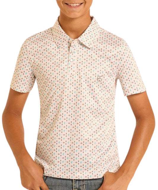 Boys' Performance Polo Snap Shirt With Micro Cactus Print In A Beige/Ecru Color