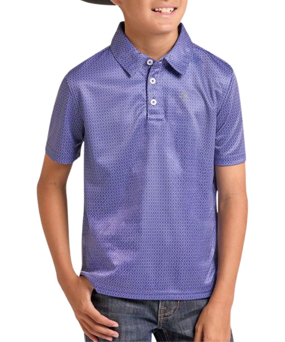 Front view of the boy's blue geometric print performance polo shirt