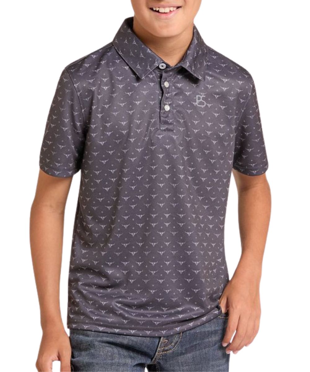 Front view of the boy's Panhandle Black Longhorn Print Polo Shirt featuring the short sleeves, 3-button polo placket, regular fit, and white geometric longhorn print