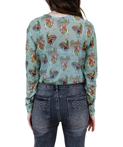 Back view of the women's teal long sleeve mesh blouse featuring the fitted silhouette and the western-inspired allover print with cowboys, horses, and "Howdy" script