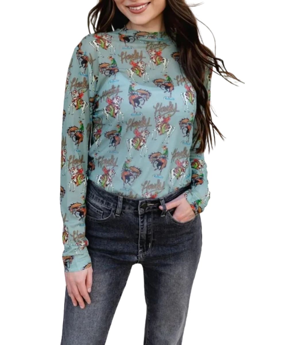 Front view of the women's teal Turquoise Haven stretchy sheer mesh top featuring the long sleeves, mock neck, and an allover western-inspired print