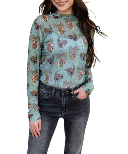 Front view of the women's teal Turquoise Haven stretchy sheer mesh top featuring the long sleeves, mock neck, and an allover western-inspired print