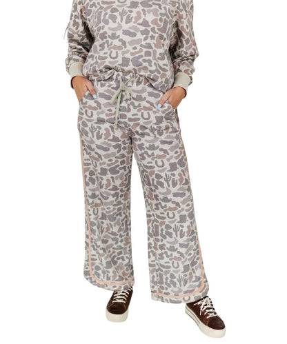 Front view of the women's Turquoise Haven Western Camo Sweatpants featuring a wide leg and an adjustable drawstring waistband