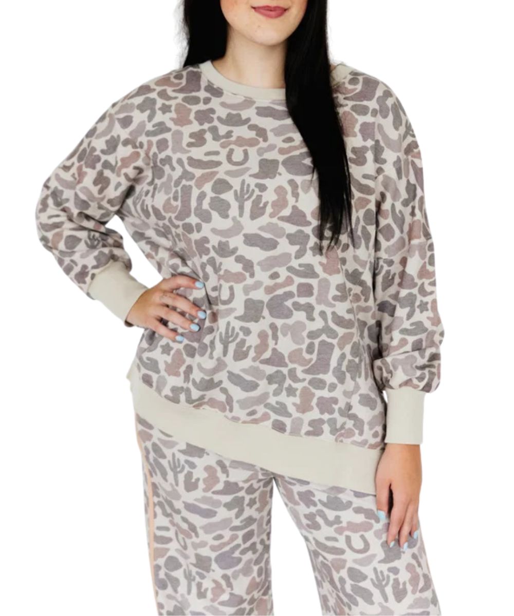 Front view of the women's Turquoise Haven Western Camo Sweatshirt featuring the relaxed fit and rib knit trim