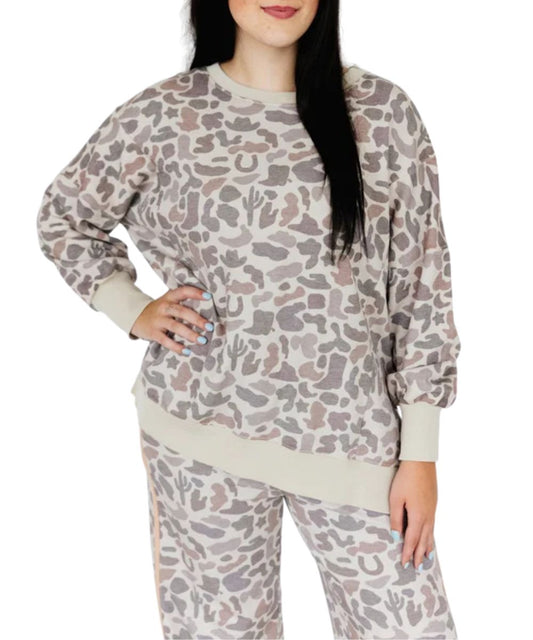 Front view of the women's Turquoise Haven Western Camo Sweatshirt featuring the relaxed fit and rib knit trim