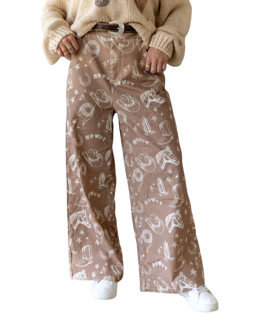 Women's Tan Wide Leg Jean In A Relaxed Fit Western Rodeo-Theme Print