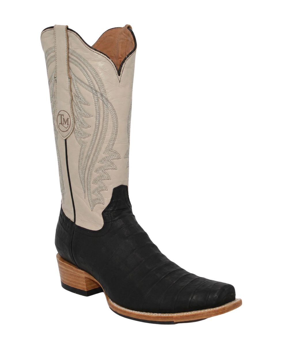 Right side angled view of the men's imitation caiman boot featuring the black vamp and white leather shaft