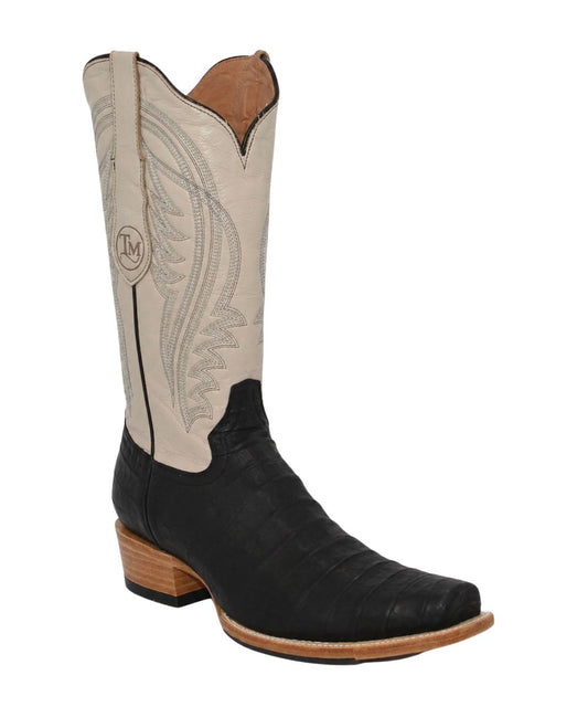 Right side angled view of the men's imitation caiman boot featuring the black vamp and white leather shaft