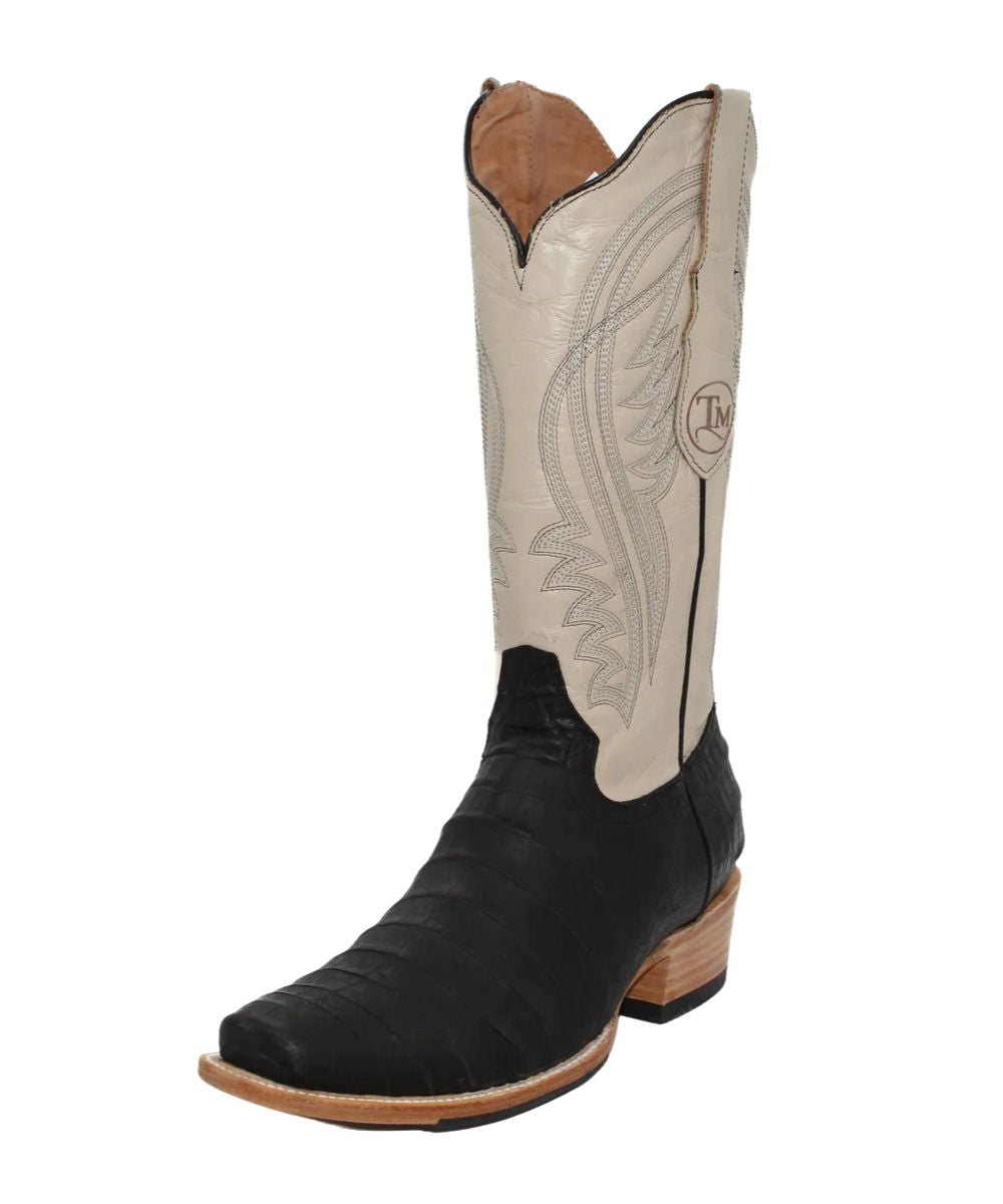 Left side angled view of the men's black label caiman boot