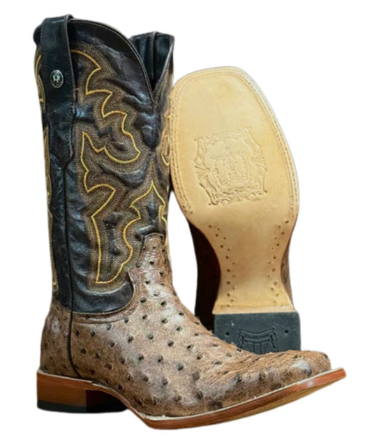 Men's Brown Faux Ostrich Leather Boot Featuring A Leather Outsole