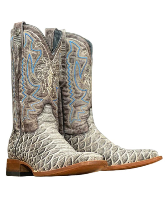 Pair view of the men's 12" imitation python cowhide leather boot