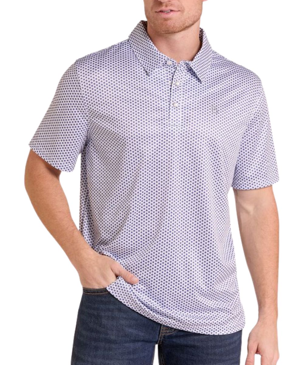Front view of the men's blue lonestar print performance polo shirt