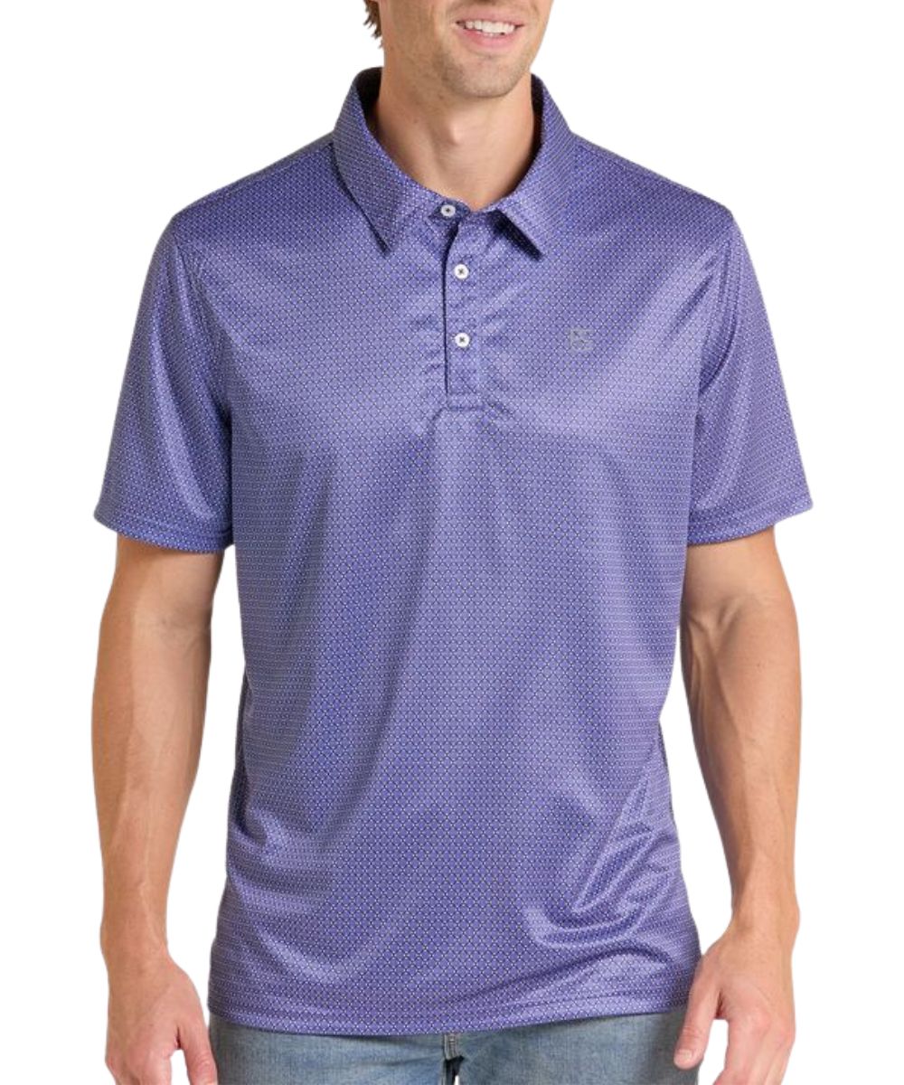 Front view of the men's blue geometric print performance polo shirt