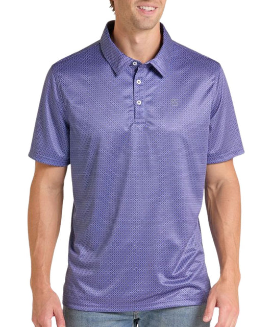 Front view of the men's blue geometric print performance polo shirt