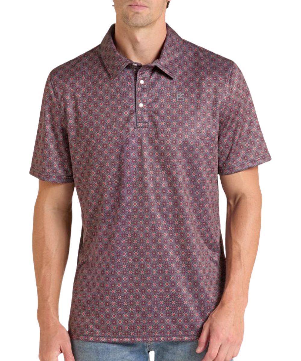 Front view of the men's black medallion print performance polo snap shirt