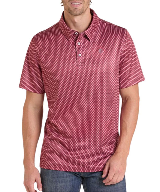 Front view of the men's short sleeve wine performance polo shirt featuring the geometric lonestar print