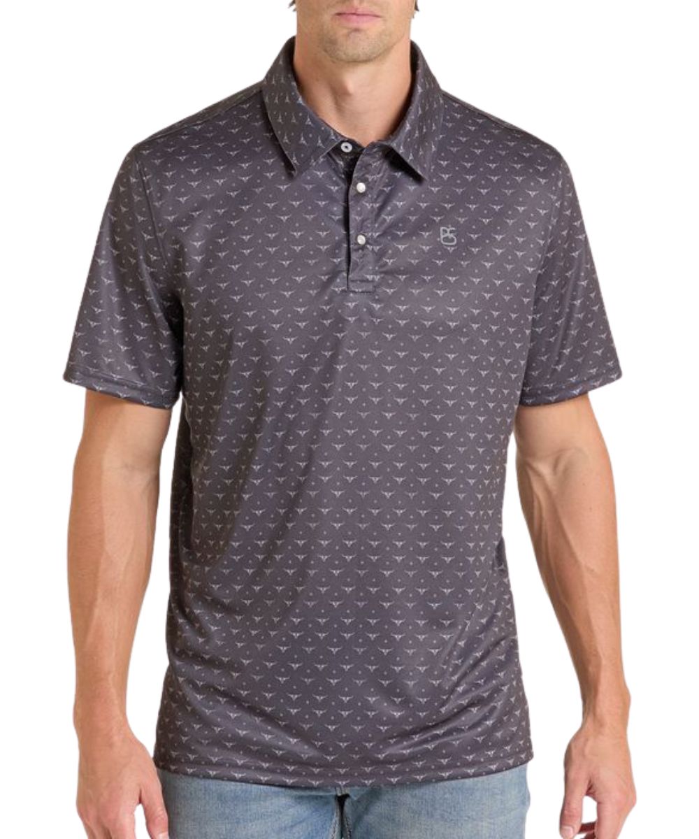 Front view of the men's Panhandle Slim black short sleeve polo shirt featuring the white longhorn geometric print and 3-button polo placket