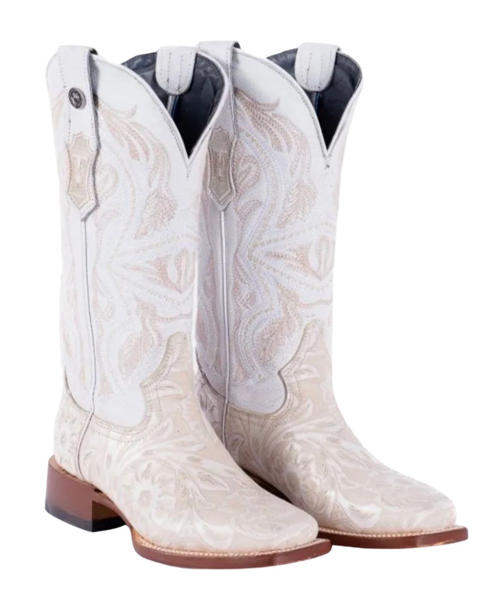 Women's 13" Ivory White Floral Tooled Western Boot