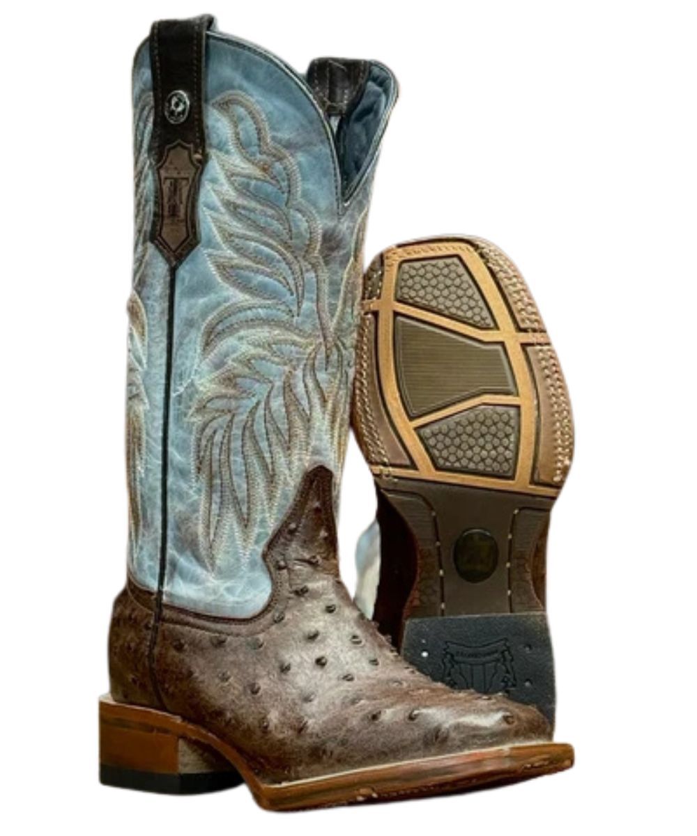 Right angled and sole view of the women's Tanner Mark western leather boot featuring the imitation/faux ostrich matte brown vamp and italo blue 12" shaft, square toe, and the hybrid outsole