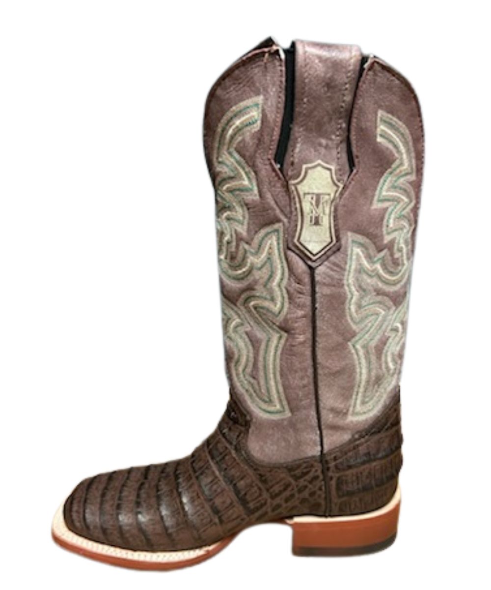 Left side view featuring the side stretch elastic panels allowing an easier on for wider calves and the leather pull tabs