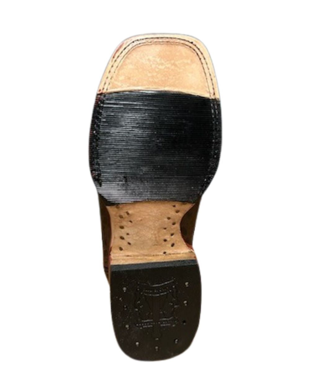 Sole view of the hybrid sole - a leather outsole with rubber heel cap and rubber inlay for sole protection