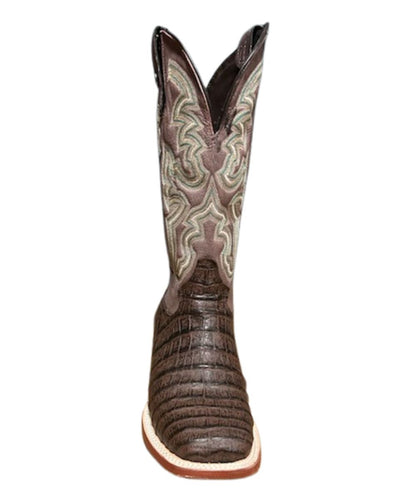 Front view of the women's 12" leather western boot featuring the brown imitation caiman belly printed vamp, the light brown shaft, and the square toe