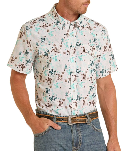 Men's Performance Short Sleeve Snap Shirt Featuring A Western Scenic Print, Breathable, Cool Feel Fabric, Quick-Drying, And UPF 50+ Protection