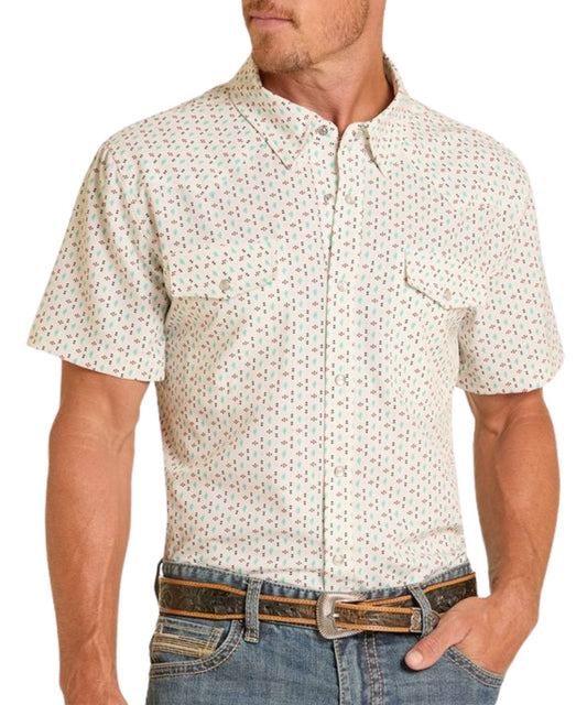 Men's Slim Short Sleeve Performance Western Snap Shirt Featuring A Turquoise Micro Cactus Print
