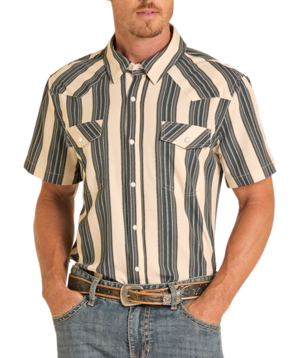 Men's Short Sleeve Black Striped Snap Shirt With Western Yokes
