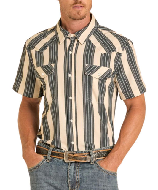 Men's Short Sleeve Black Striped Snap Shirt With Western Yokes