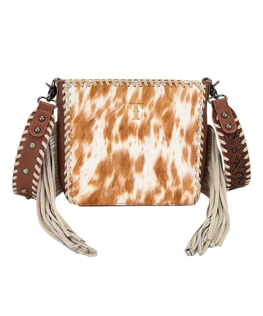 Women's Brown Cowhide Leather Crossbody Purse With Fringe