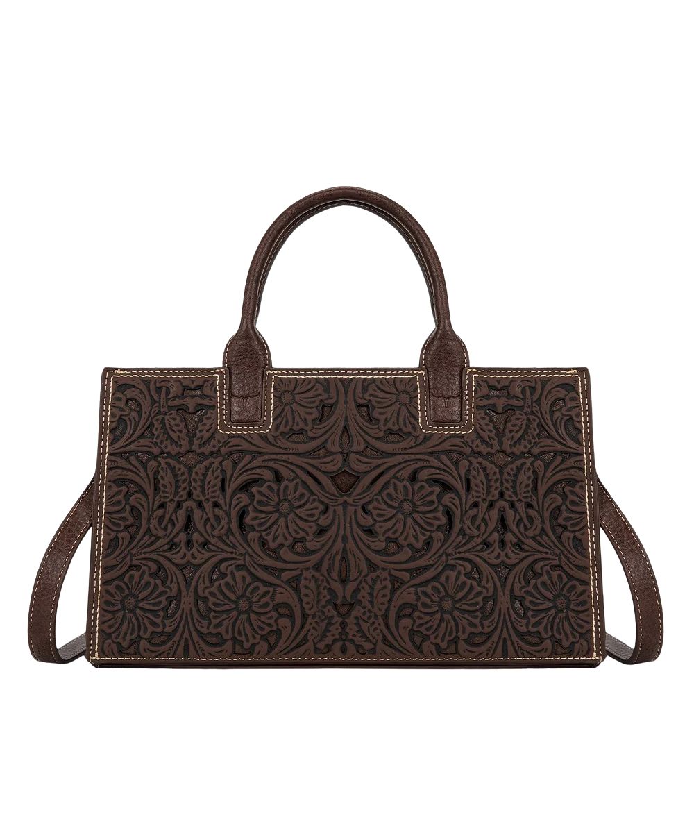 dark brown satchel purse with floral tooled design and intricate cutouts