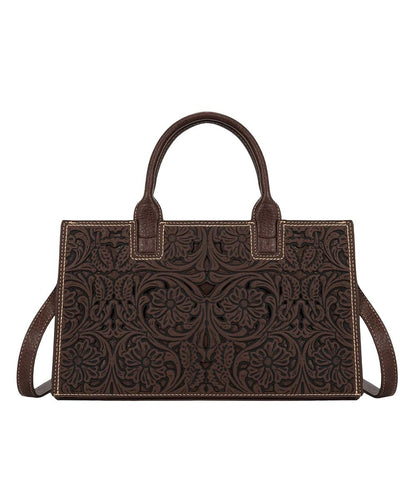 dark brown satchel purse with floral tooled design and intricate cutouts