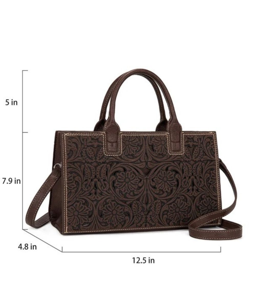dark brown satchel purse with floral tooled design and intricate cutouts with measurements