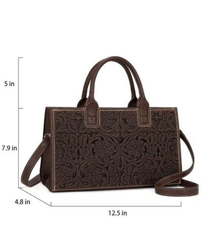 dark brown satchel purse with floral tooled design and intricate cutouts with measurements