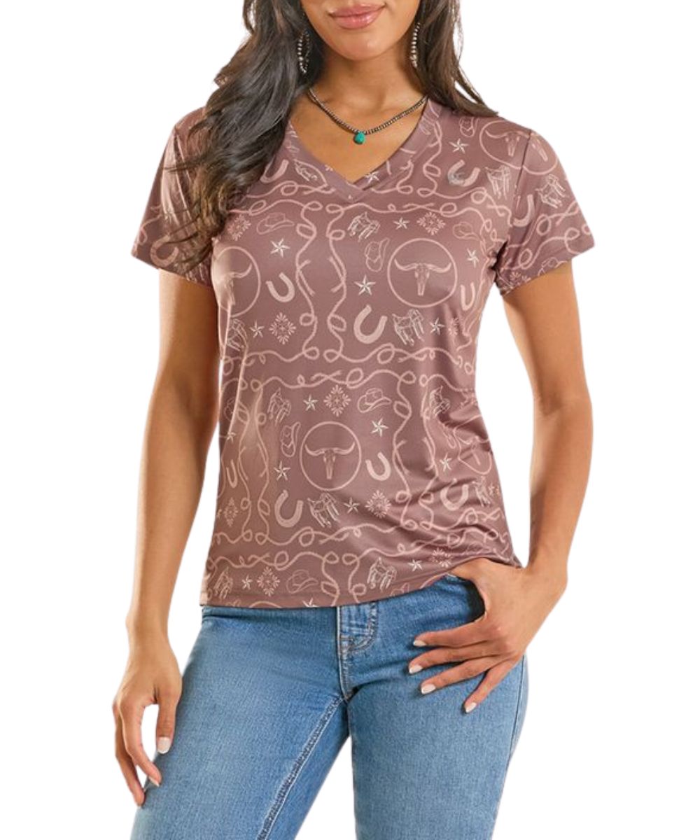 Women's Short Sleeve Performance Tee Featuring A Rose Geometric Print, V-Neckline, And UPF 50+ Protection