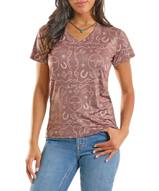Women's Short Sleeve Performance Tee Featuring A Rose Geometric Print, V-Neckline, And UPF 50+ Protection