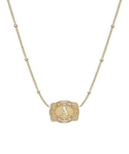Women's Gold Necklace Featuring An Ultra Mini Belt Buckle Pendant With An "A" Initial In The Center