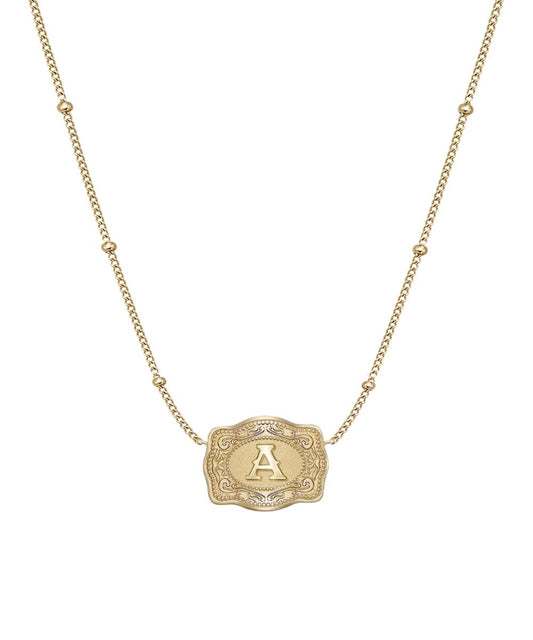 Women's Gold Necklace Featuring An Ultra Mini Belt Buckle Pendant With An "A" Initial In The Center