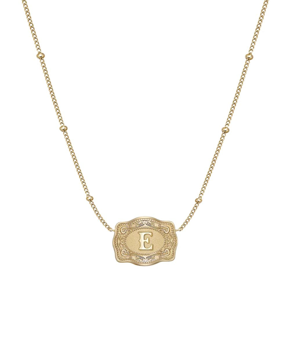 Women's Gold Ultra Mini Belt Buckle Necklace Featuring The "E" Initial In The Center