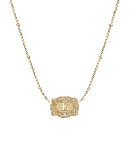 Women's Gold Ultra Mini Belt Buckle Necklace Featuring The "E" Initial In The Center
