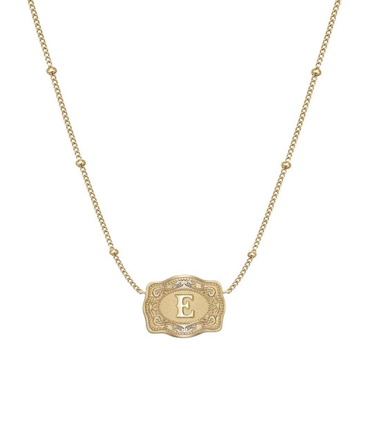 Women's Gold Ultra Mini Belt Buckle Necklace Featuring The "E" Initial In The Center