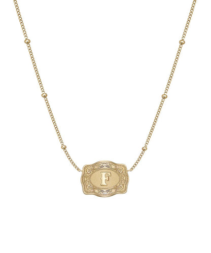 Women's Gold Ultra Mini Belt Buckle Necklace Featuring The "F" Initial In The Center