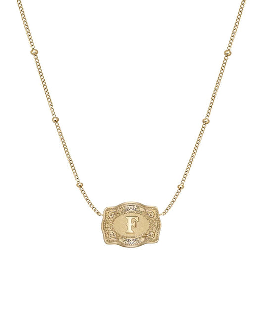 Women's Gold Ultra Mini Belt Buckle Necklace Featuring The "F" Initial In The Center