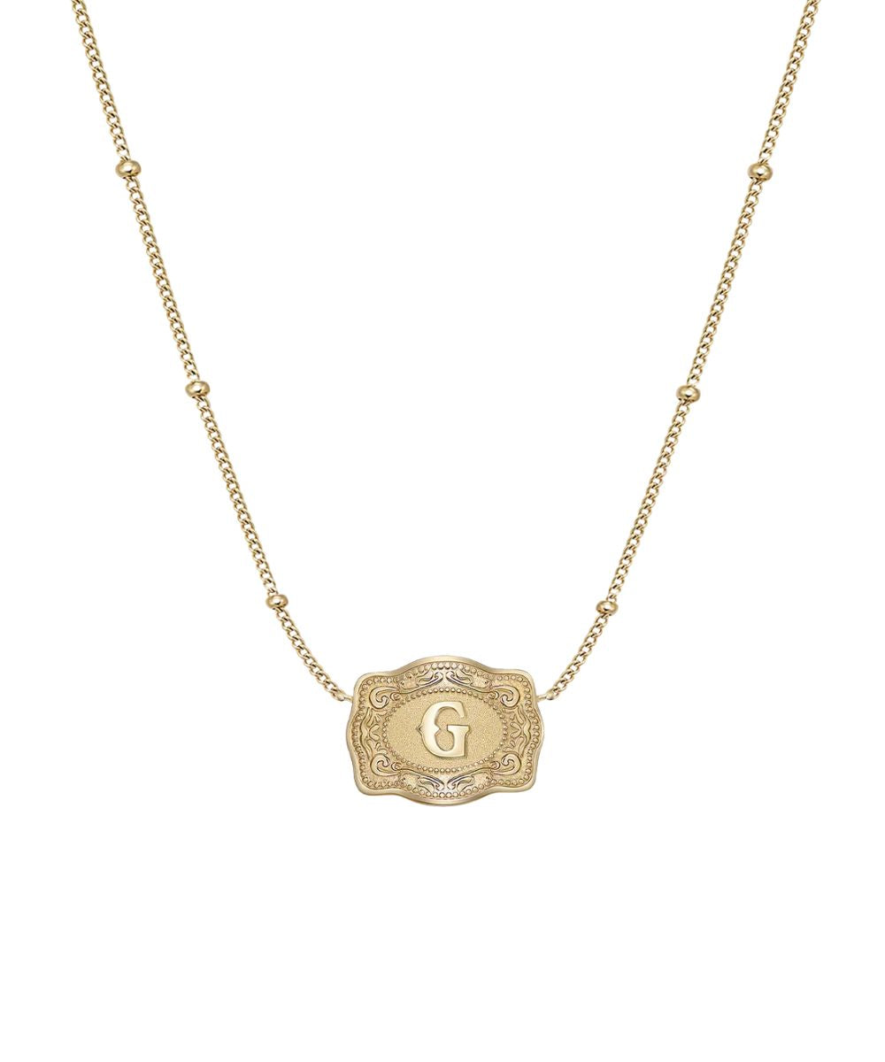Women's Gold Ultra Mini Belt Buckle Necklace Featuring The "G" Initial In The Center