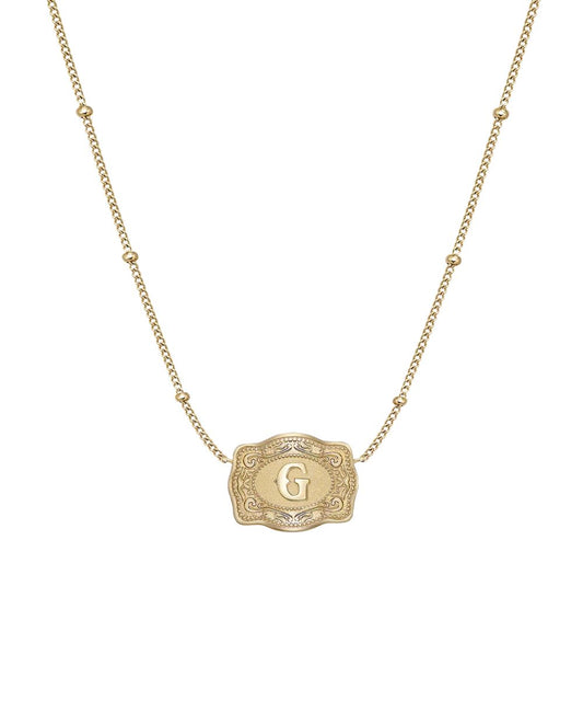 Women's Gold Ultra Mini Belt Buckle Necklace Featuring The "G" Initial In The Center