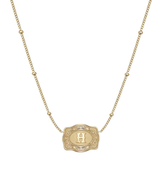 Women's Gold Ultra Mini Belt Buckle Necklace Featuring The "H" Initial In The Center