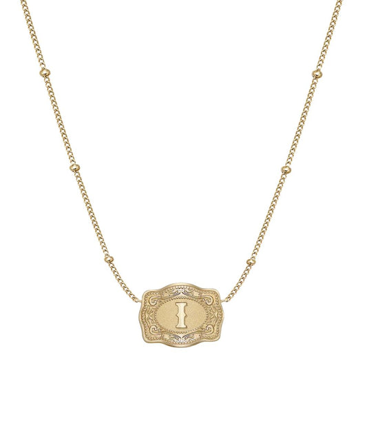 Women's Gold Ultra Mini Belt Buckle Necklace Featuring The "I" Initial In The Center