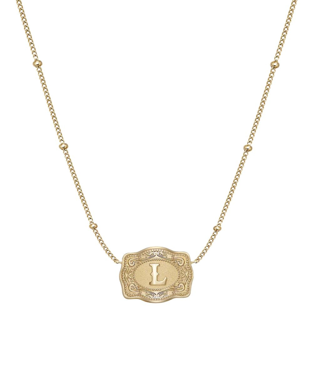 Women's Gold Necklace Featuring An Ultra Mini Belt Buckle Pendant With The "L" Initial In The Center